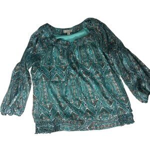 Dressbarn Womens Top Medium Geometric Print Boho Long Sleeve Blouse Wearable Art